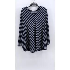 AVENUE Women's Plus Navy-Gray Striped V-Neck Hooded Long Sleeve Top 22/24